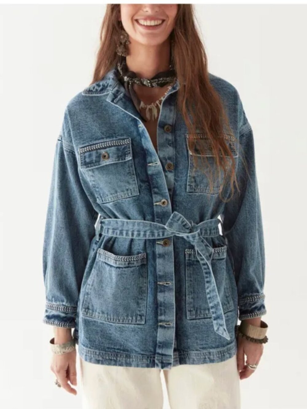 Maison Hotel Nashville Wayne Washed Blue Belted Denim Jacket with Chest Pockets